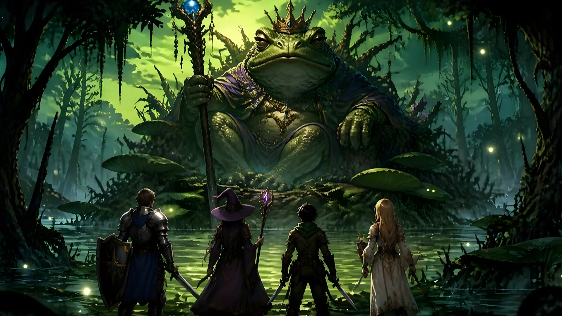 A giant crowned toad on a throne of roots in the swamp, facing four adventurers seen from behind.