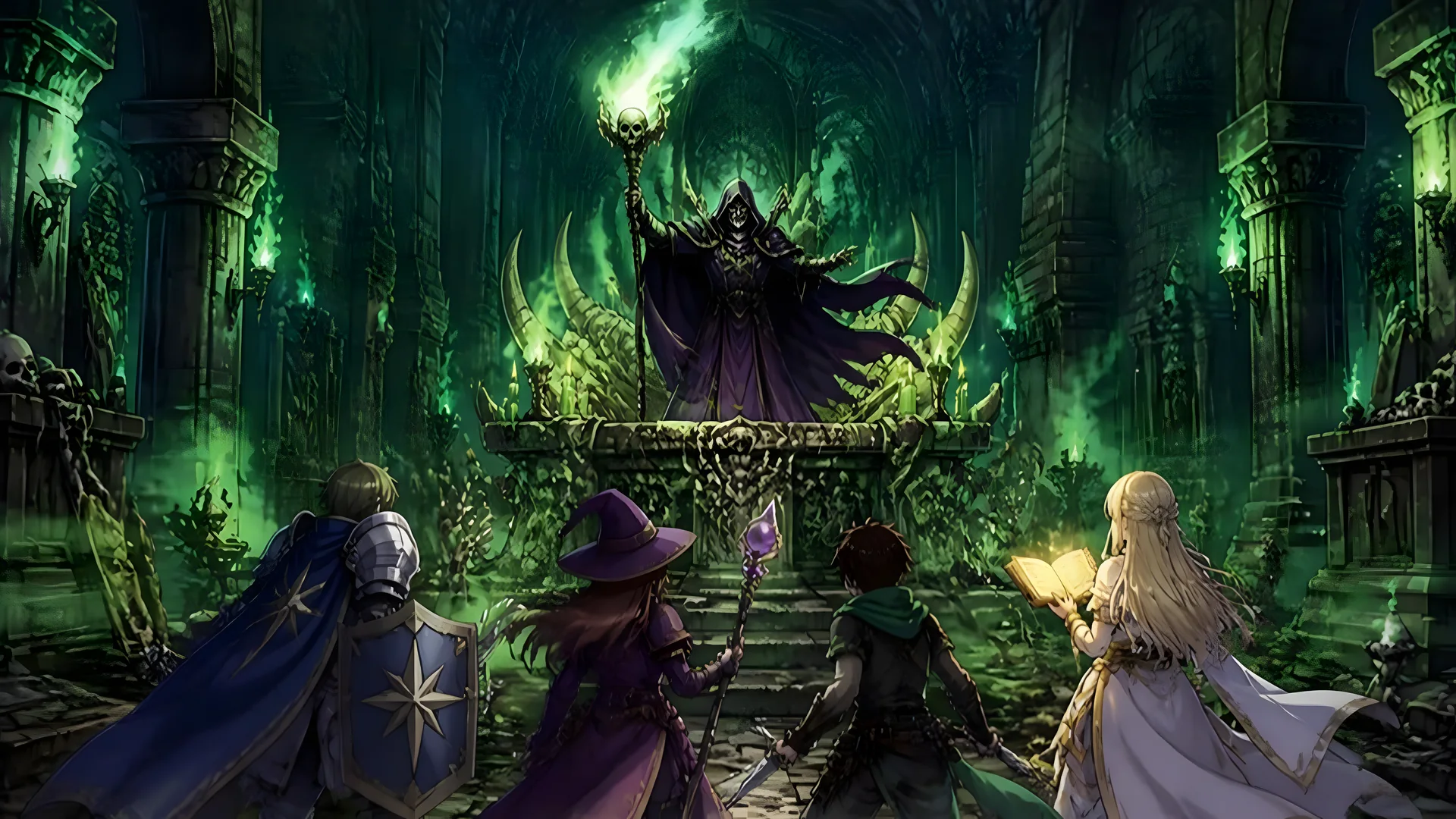 A hooded necromancer raises a staff of green fire at an altar of bones inside a crypt, facing four adventurers.