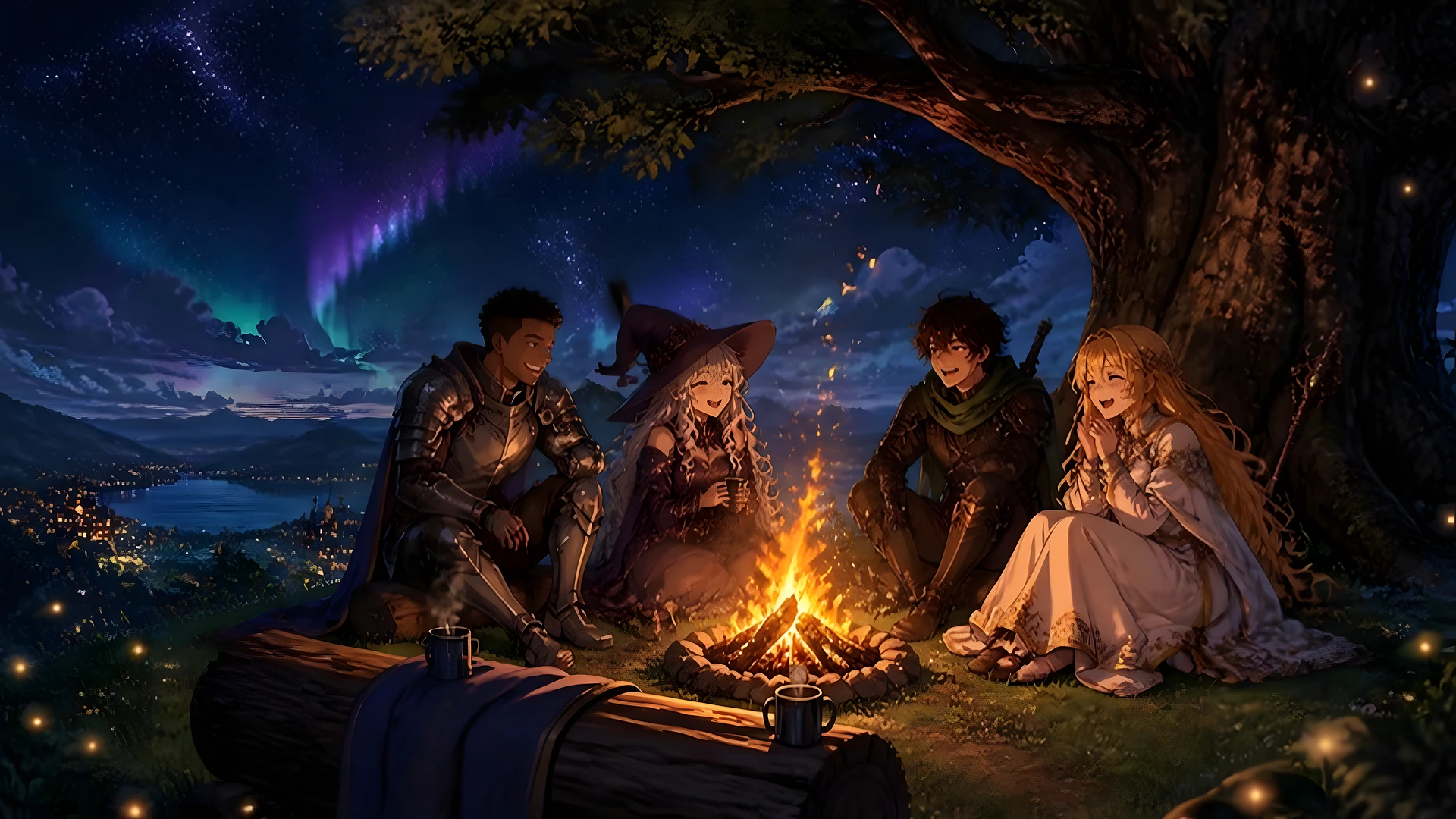 At night, under the tree, the four adventurers laugh around a campfire. In front, an empty log with a folded cloak and a steaming mug.