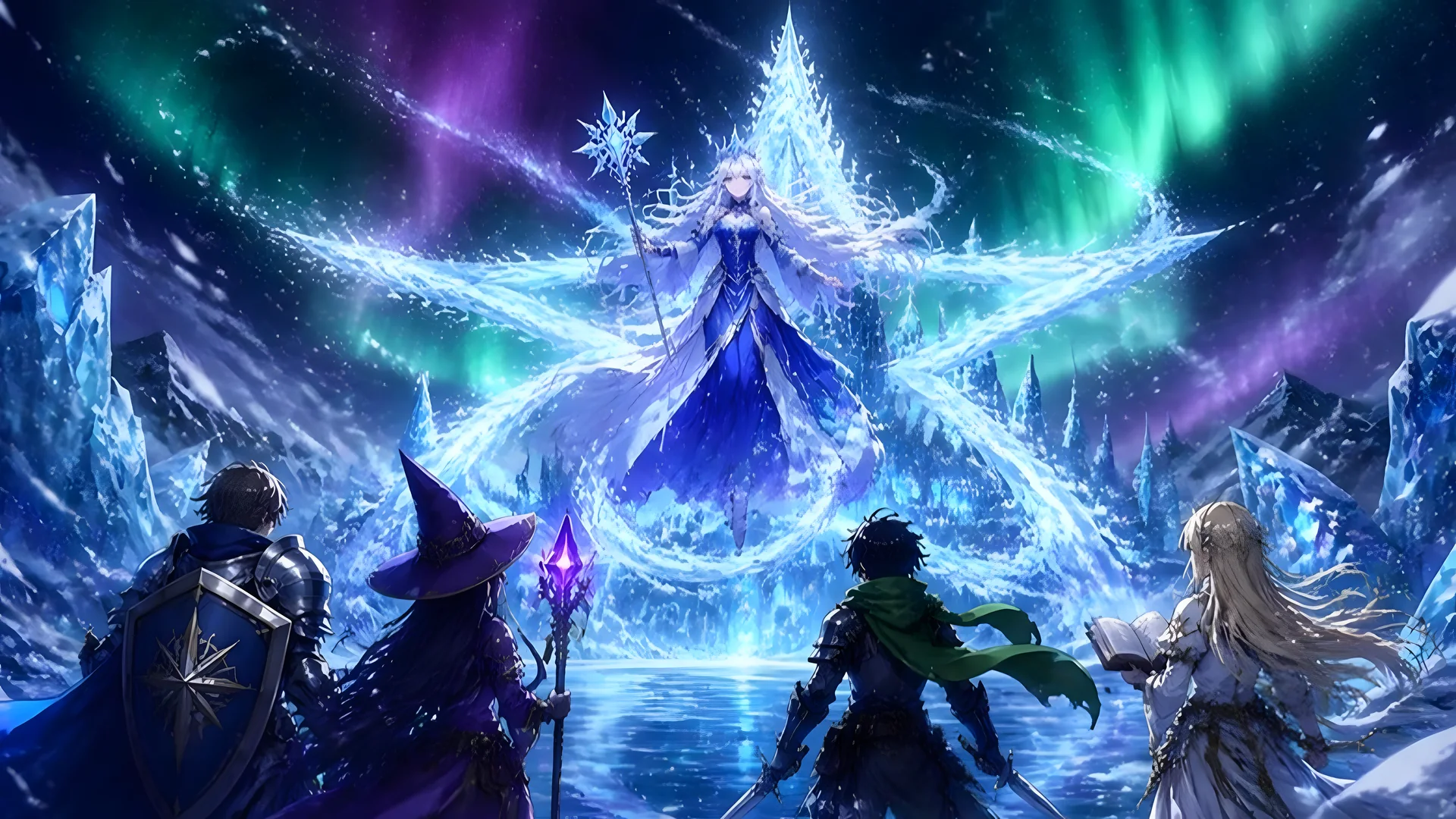 An ice sorceress floats above a frozen lake under the aurora, inside a star of snow, facing four adventurers.