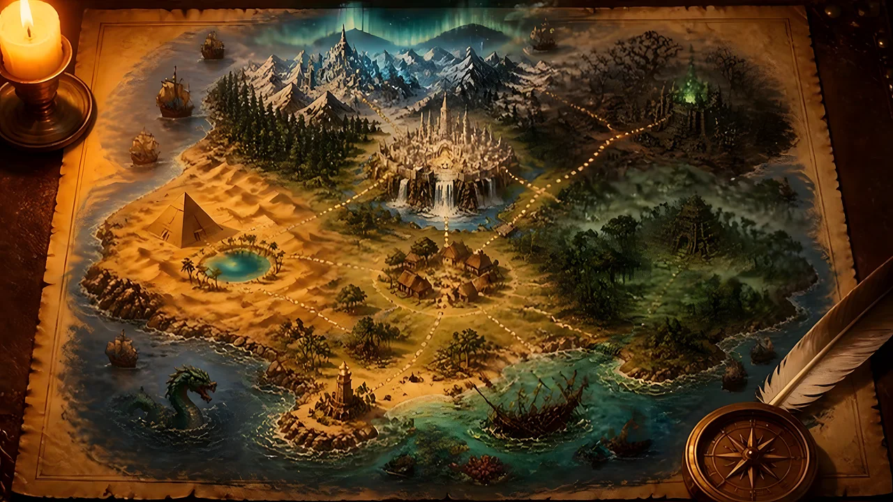 A painted map of the world of Makhes: the village and the city of pale towers at the centre, ice mountains to the north, a desert with a pyramid to the west, a swamp to the east, a graveyard of green fire to the north-east and a coast of shipwrecks to the south.